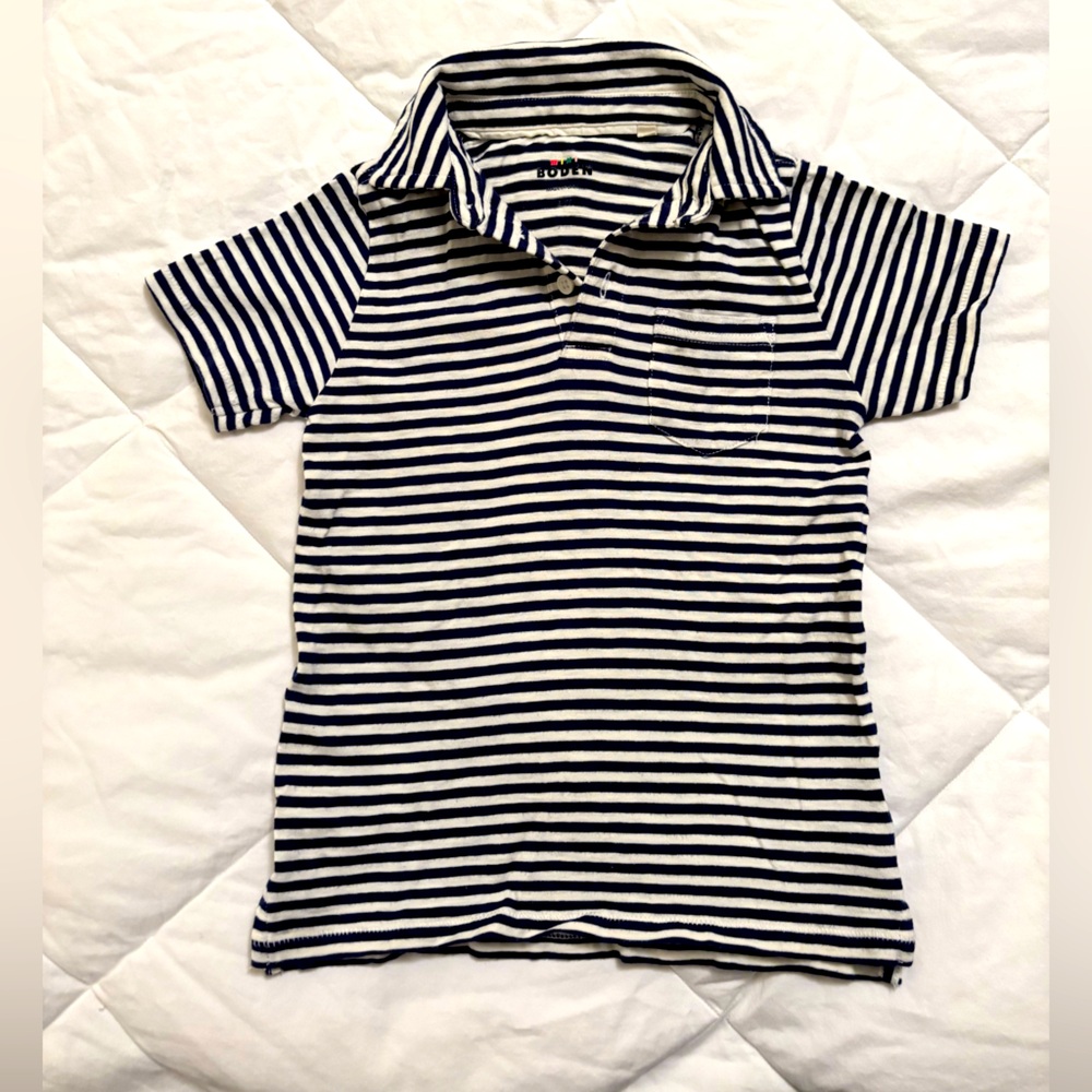 Mini Boden Boys Navy/White Striped Polo Size 6–7Y